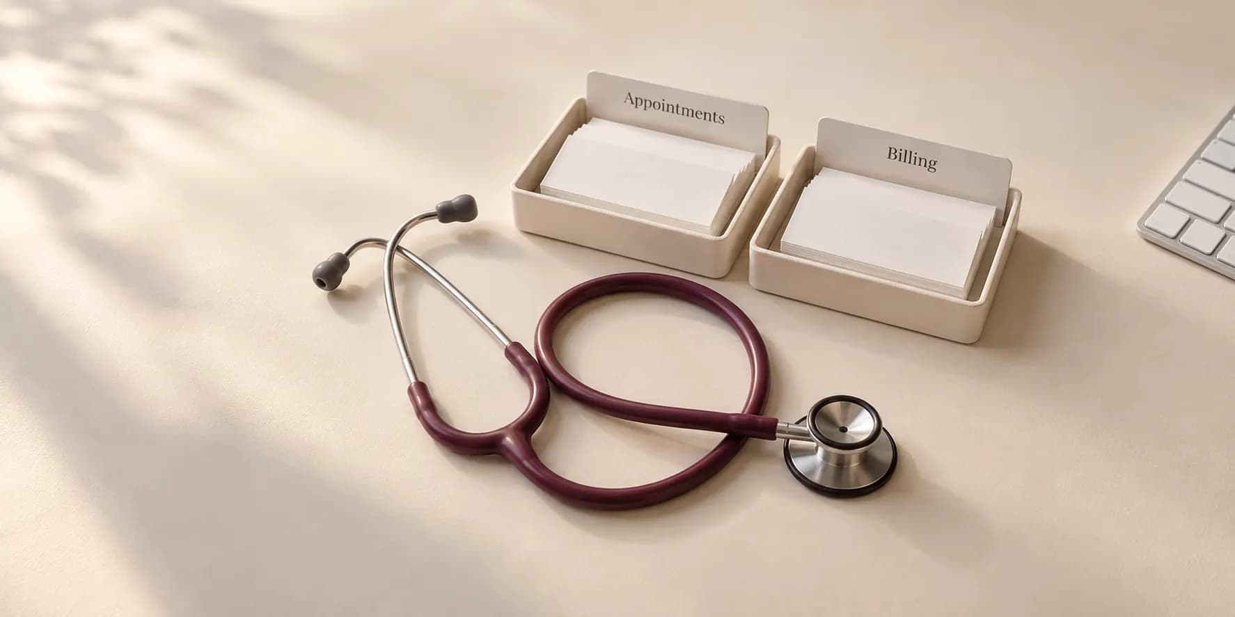 A stethoscope beside neatly arranged appointment and billing records