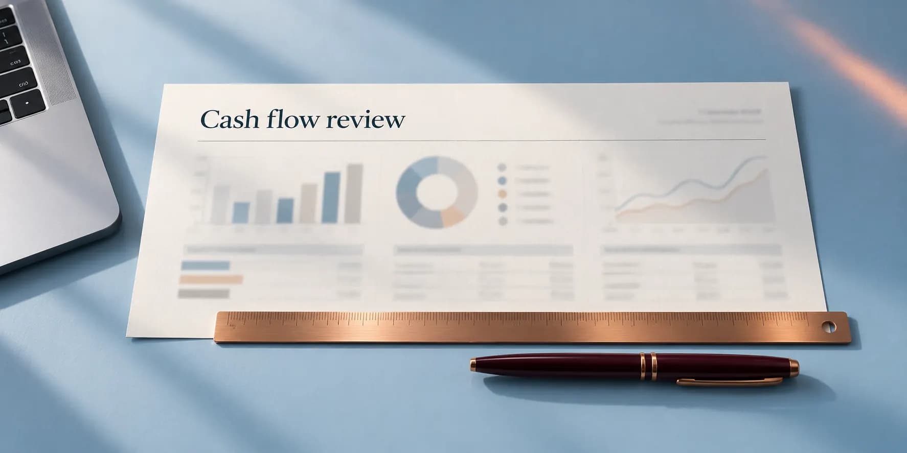 A cash-flow review with charts, a copper ruler and a pen on a blue desk