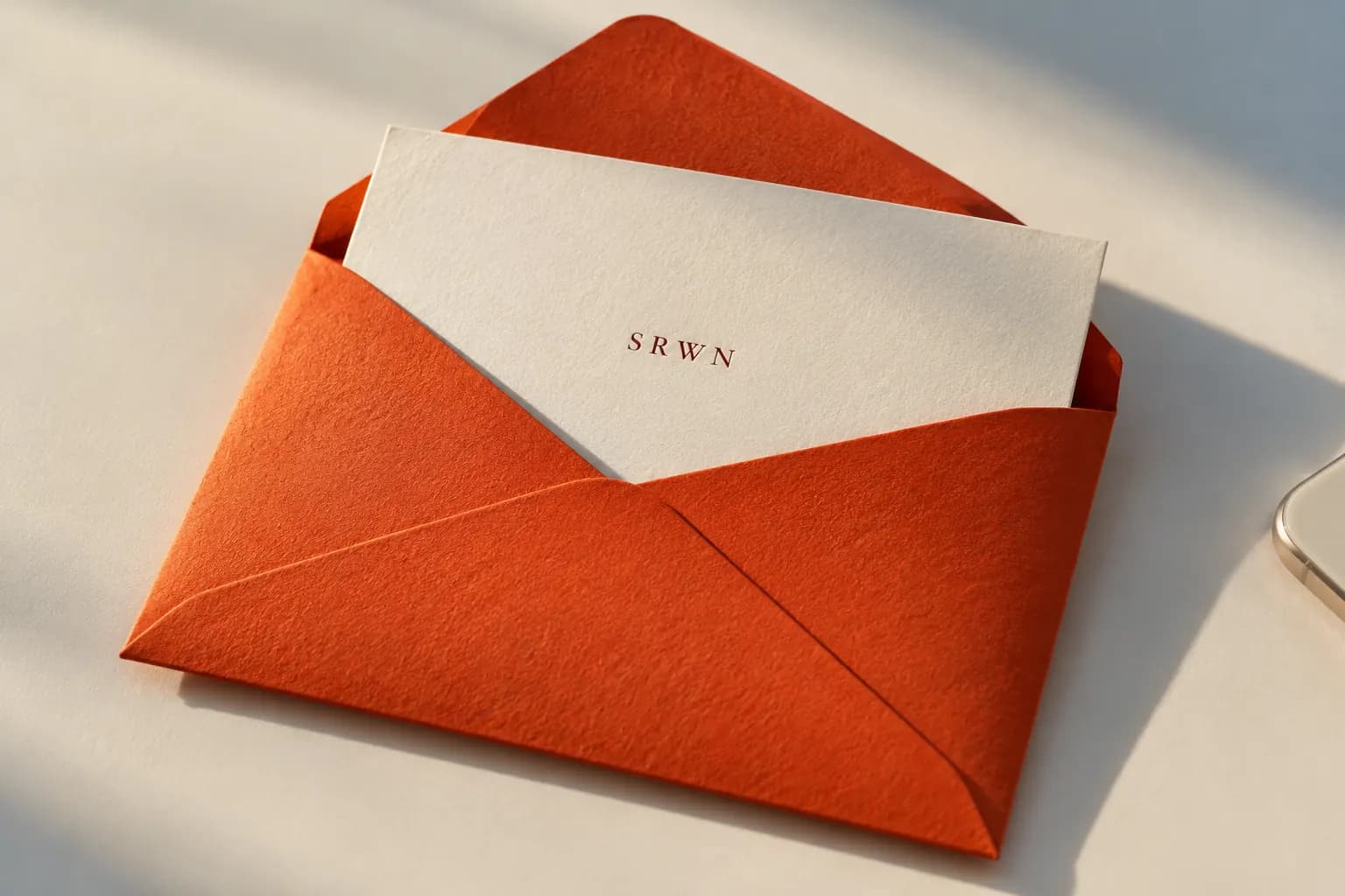 An orange envelope and an srwn correspondence card