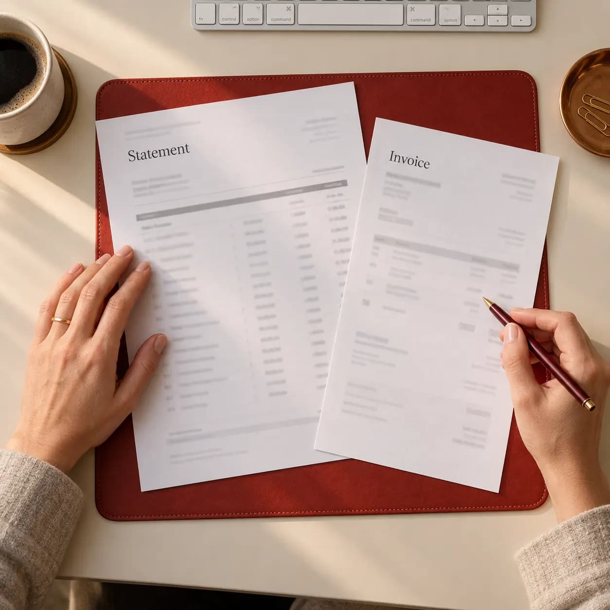Hands checking an invoice against an account statement on a copper-coloured desk mat