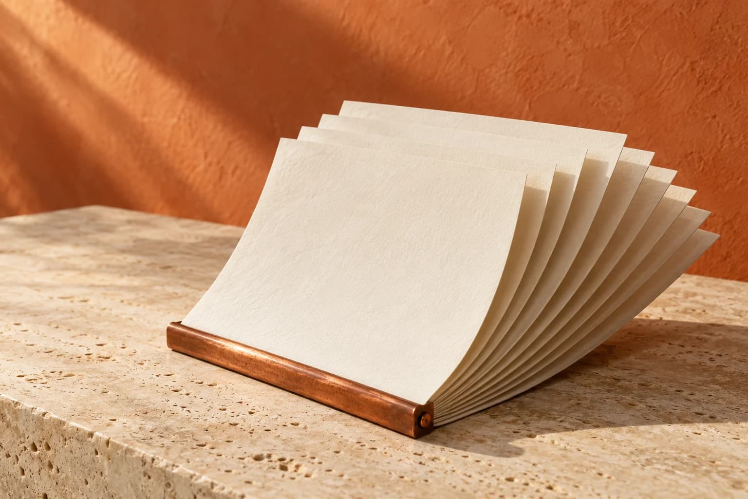 A sculptural arrangement of folded ivory paper and copper in warm daylight