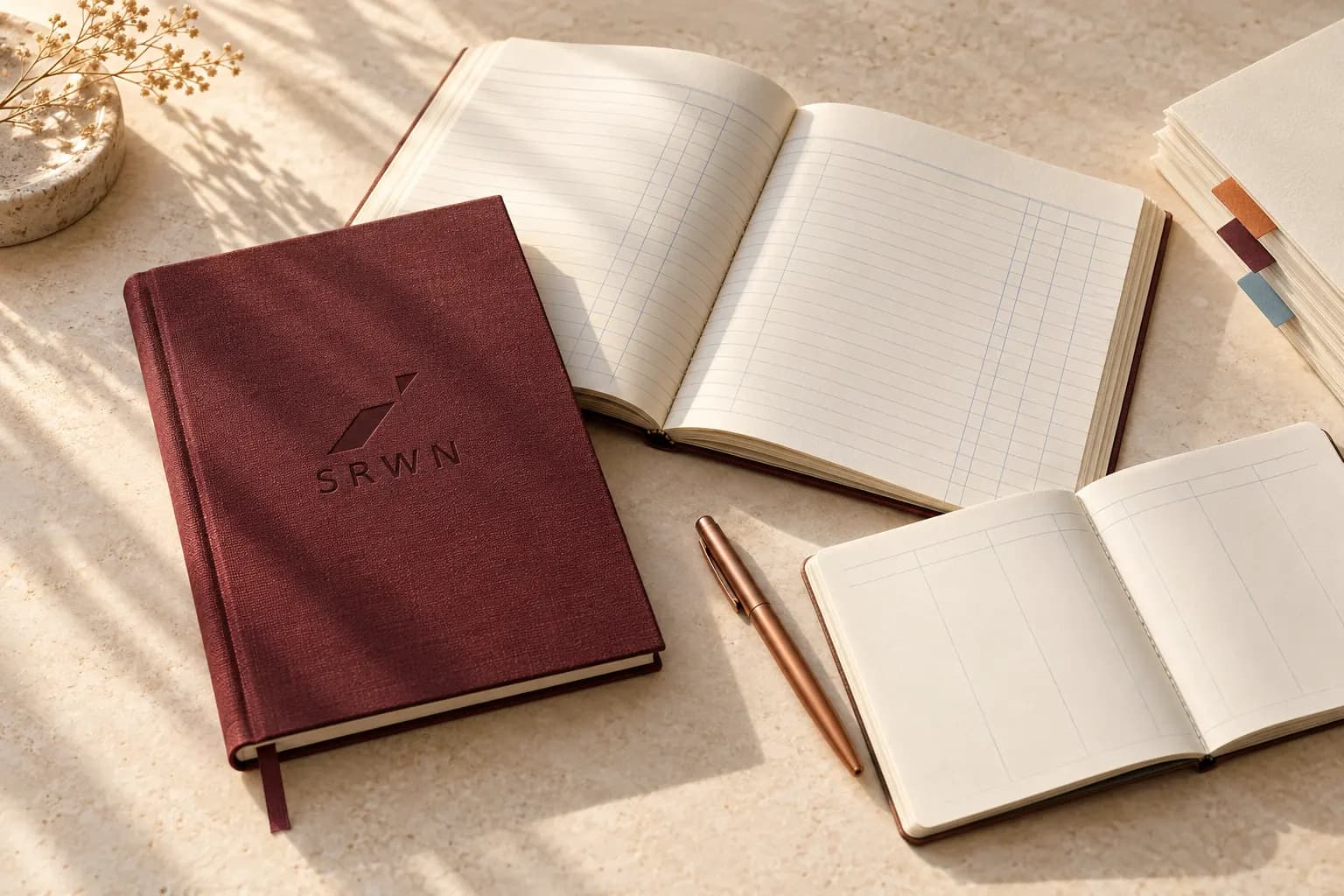 A burgundy SRWN journal, ruled accounts and tabbed practice ledgers in warm daylight